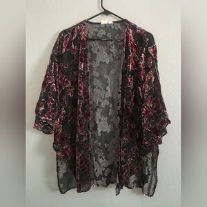 Peach Love California Black and Purple Floral Kimono